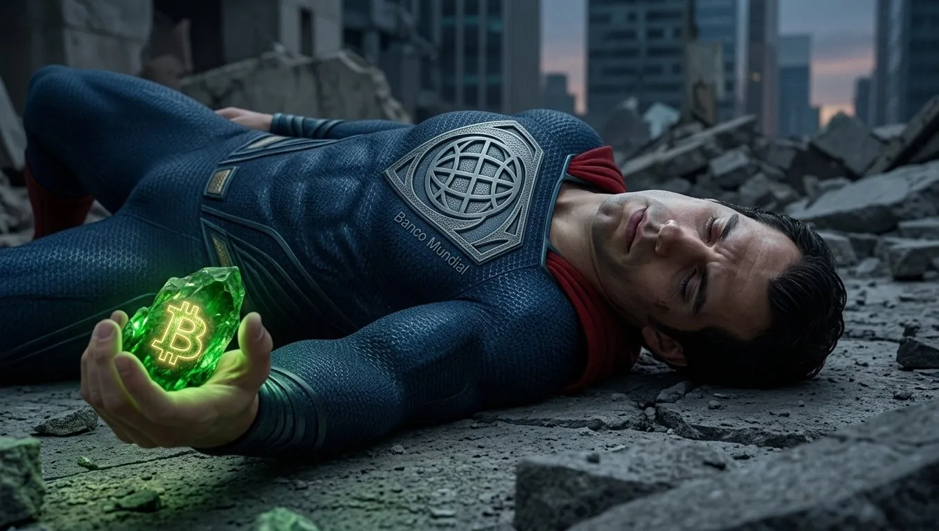 Ilustración: un superhéroe con el escudo del Banco Mundial yace derrotado entre ruinas, sosteniendo una kriptonita verde con el símbolo de Bitcoin