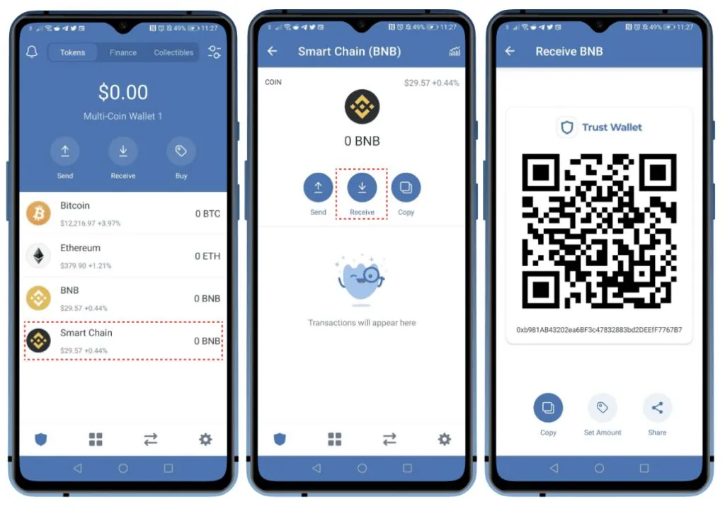 Tres pantallas de la app Trust Wallet: saldo, moneda y código QR para recibir