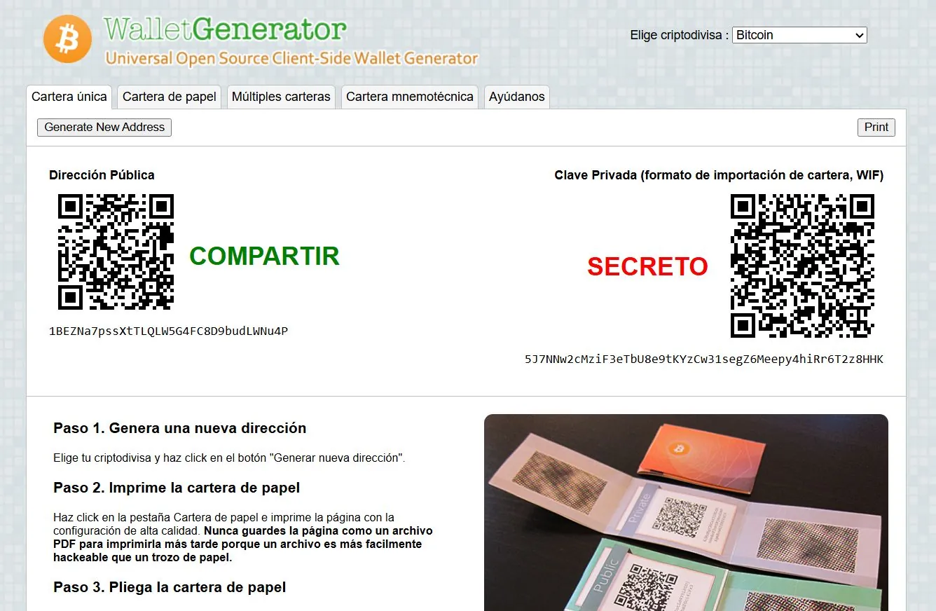 Generador de billeteras que muestra la dirección pública para compartir y la clave privada como secreto