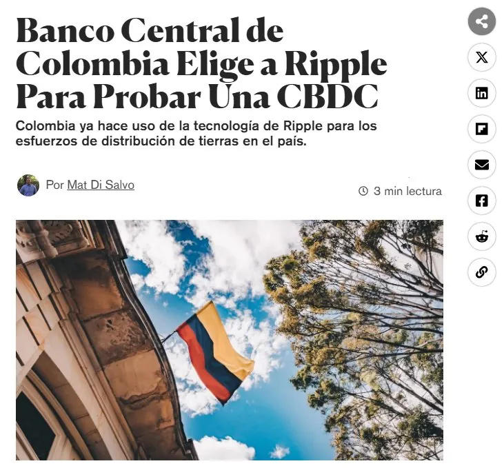 Noticia: el Banco Central de Colombia elige a Ripple para probar una CBDC